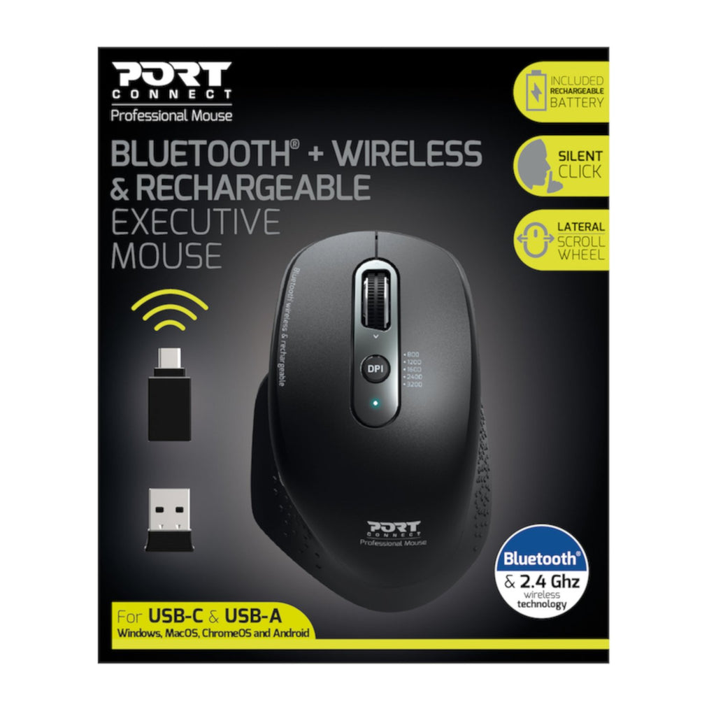 Port Connect Bluetooth Wireless and Rechargeable Executive Mouse - Black - Wolf Media Store