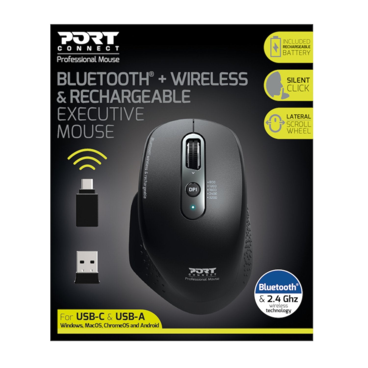 Port Connect Bluetooth Wireless and Rechargeable Executive Mouse - Black - Wolf Media Store