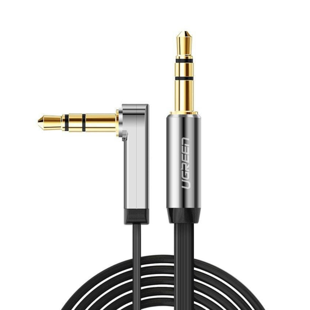 UGreen AV119 Right-angled 3.5mm Flat Aux Cable 1.5m - Black/Silver - Wolf Media Store