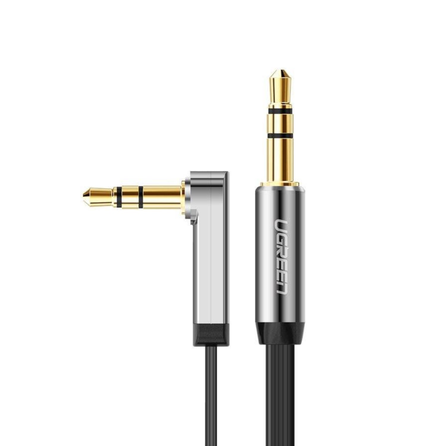 UGreen AV119 Right-angled 3.5mm Flat Aux Cable 1.5m - Black/Silver - Wolf Media Store