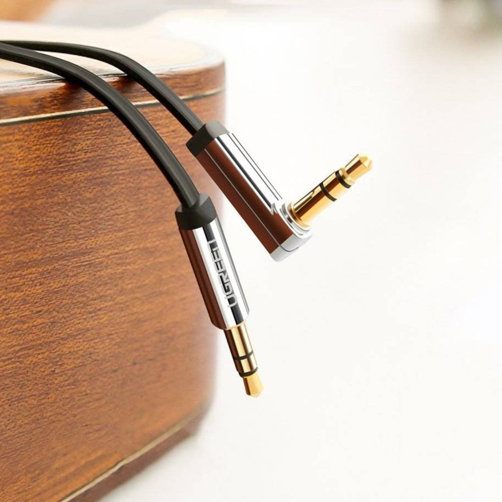 UGreen AV119 Right-angled 3.5mm Flat Aux Cable 1.5m - Black/Silver - Wolf Media Store