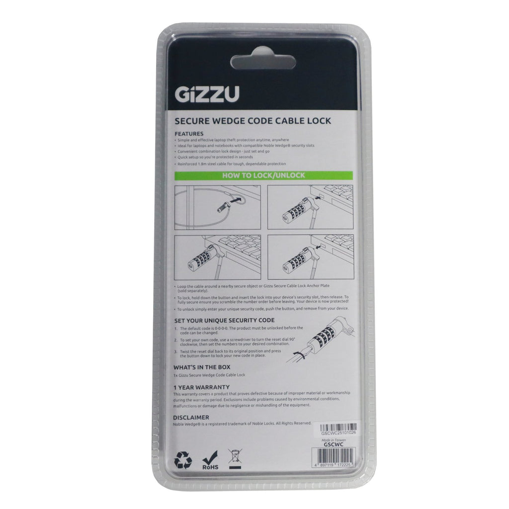 Gizzu Secure Wedge Code Cable Lock 1.8m-Wolf Media Store