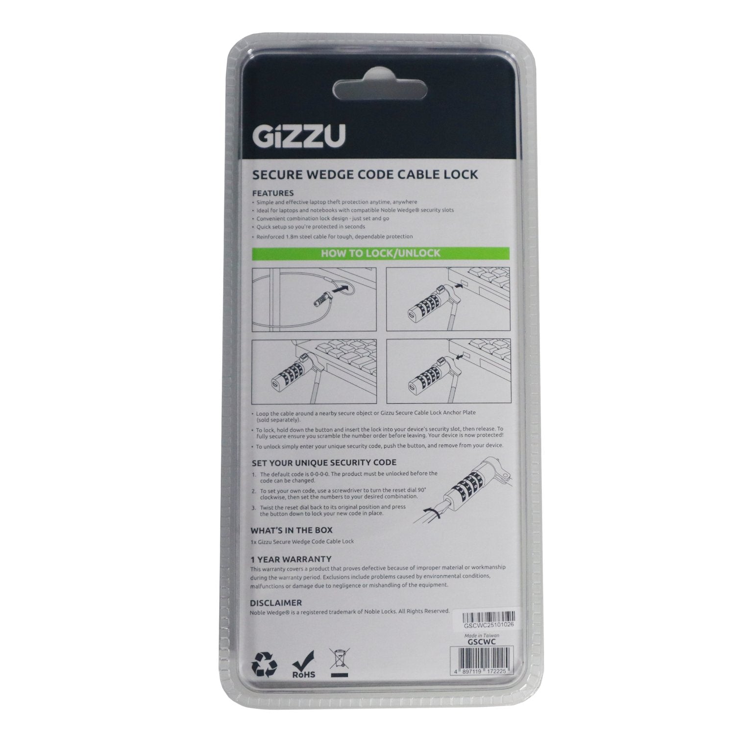 Gizzu Secure Wedge Code Cable Lock 1.8m-Wolf Media Store
