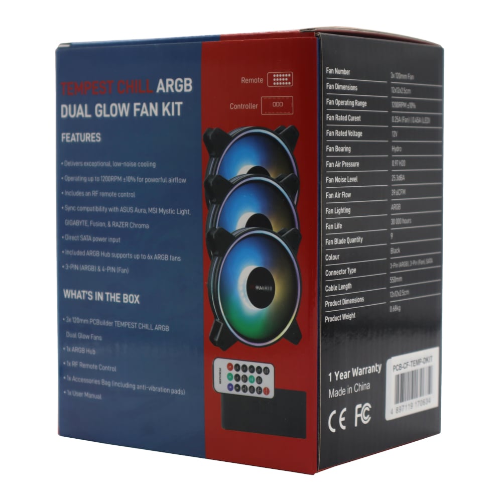 PCBuilder Tempest Chill Fan Kit 3x120MM Dual Glow ARGB Fan + Controller + RF Remote-Wolf Media Store
