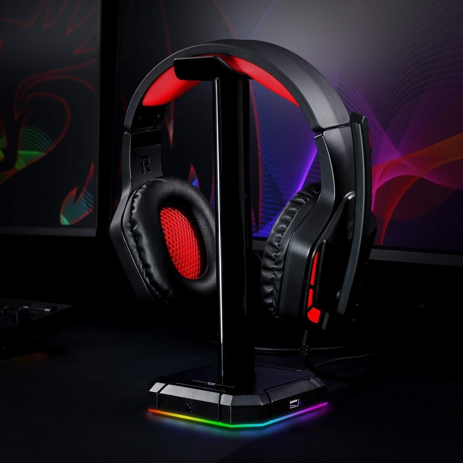 Redragon HA300 Scepter Pro RGB Headset Stand with USB Hub (4 x USB 2.0, RGB Lighting)-Wolf Media Store
