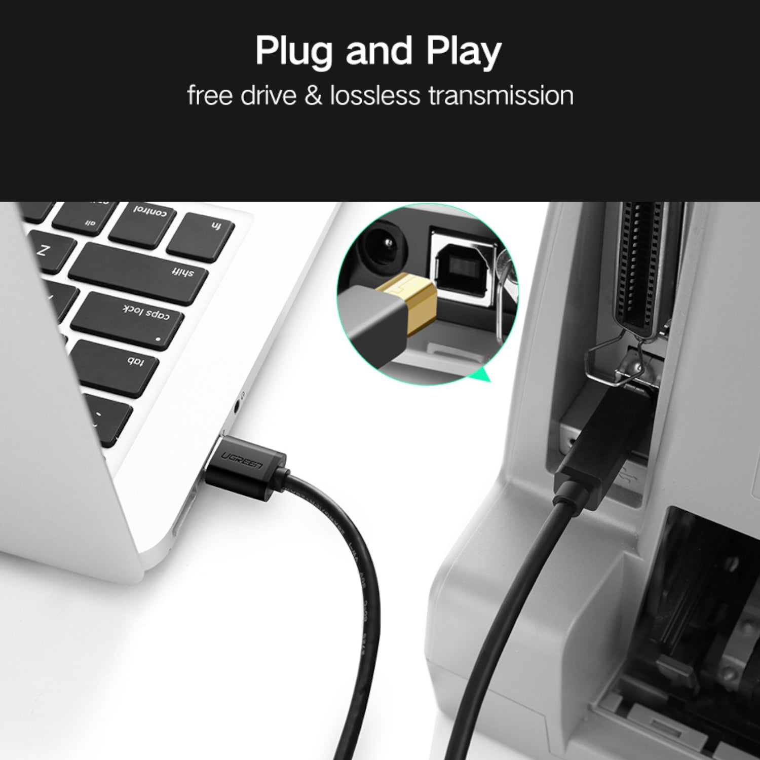 UGreen US210 USB-A Printer Cable 2M - Black - Wolf Media Store